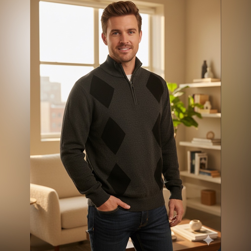 Men's Charcoal Quarter-Zip Diamond Pattern Sweater